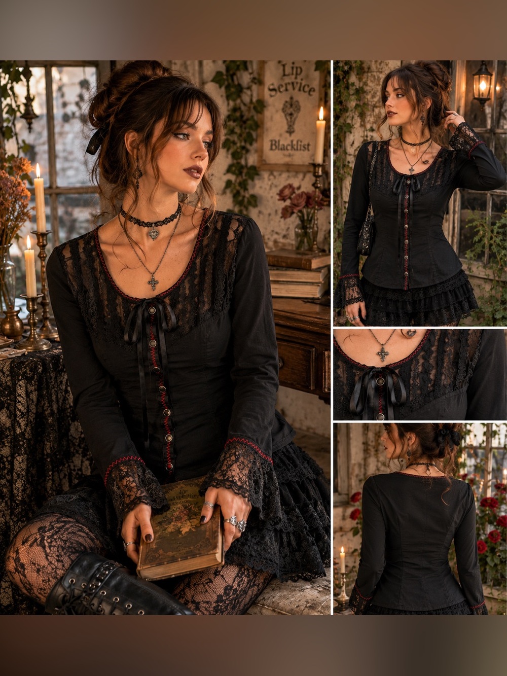 Vintage Lip Service Blacklist Lace Trim Gothic Peasant Blouse Medium